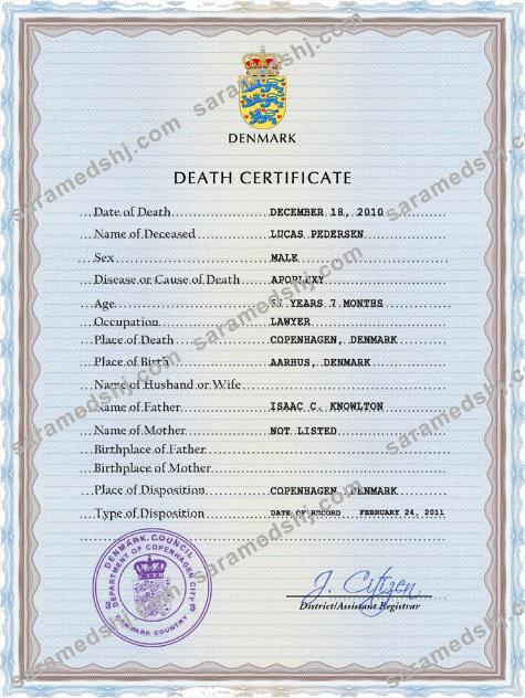Denmark vital record death certificate PSD template